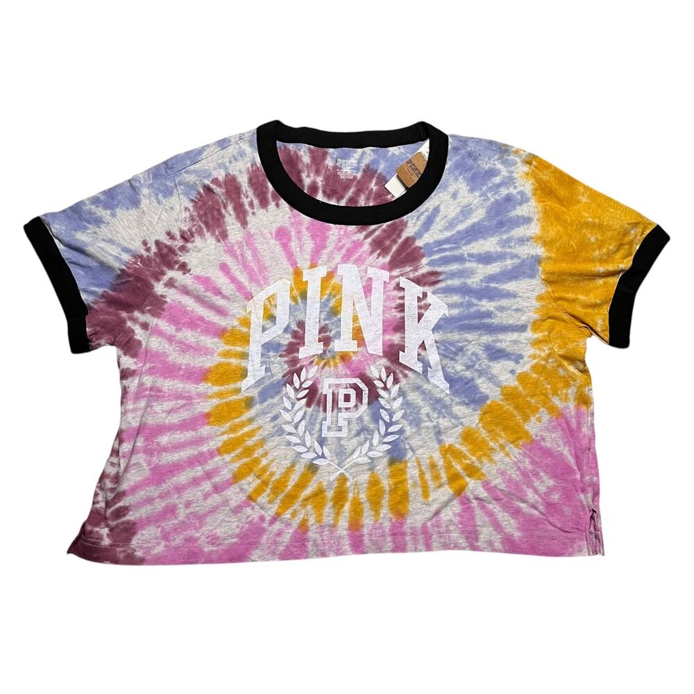 Victoria's Secret PINK Knit Cropped Ringer T-Shirt Tie Dye Blue XL